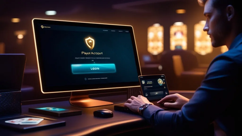 A glowing casino dashboard with a secure login panel on a dark screen