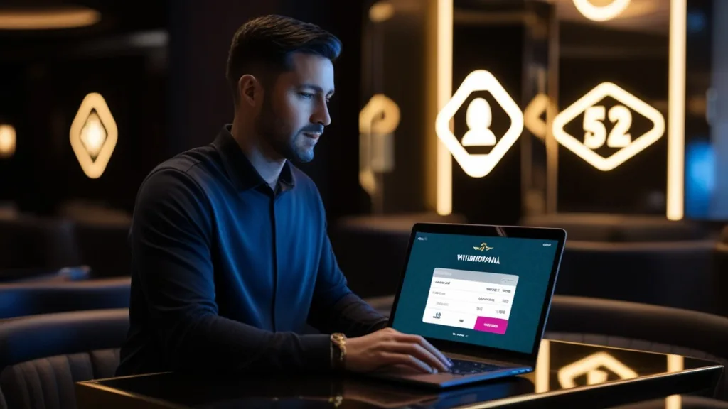 Player checking a casino withdrawal screen in a dark neon-lit lounge