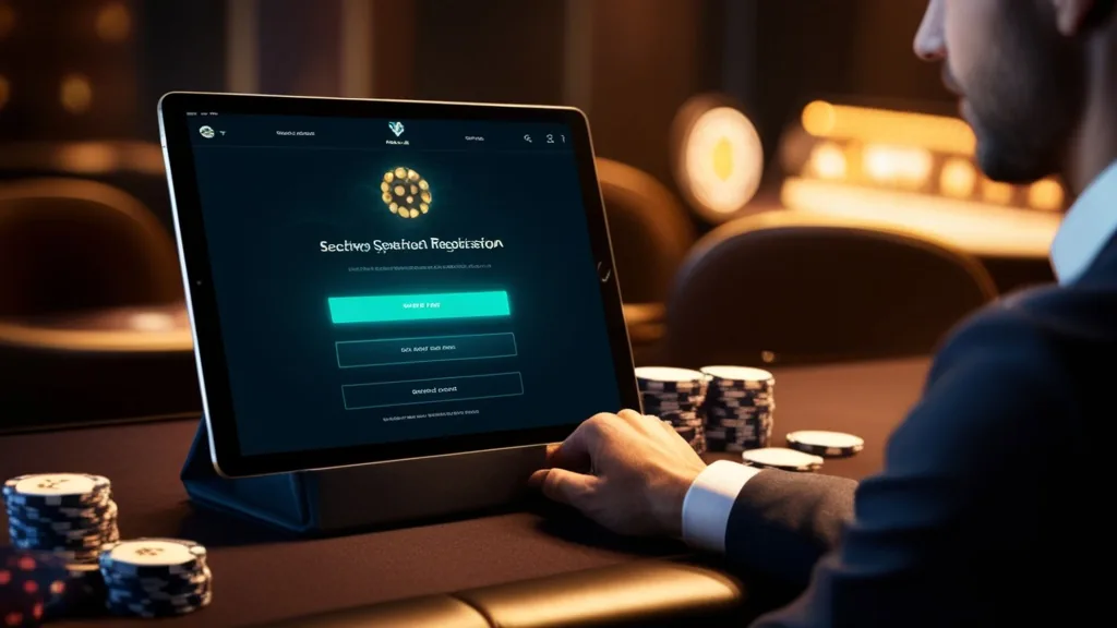 A casino registration form and verification screen on a dark tablet