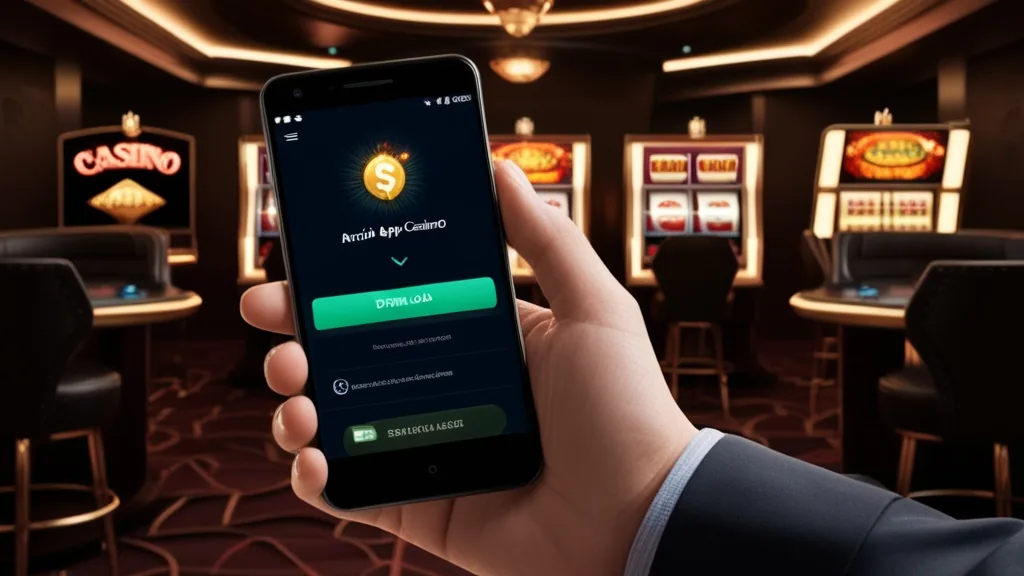 Android phone showing a casino app download screen in a dark neon setting