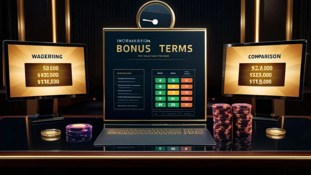 Casino bonus terms sheet with a magnifying glass and comparison table