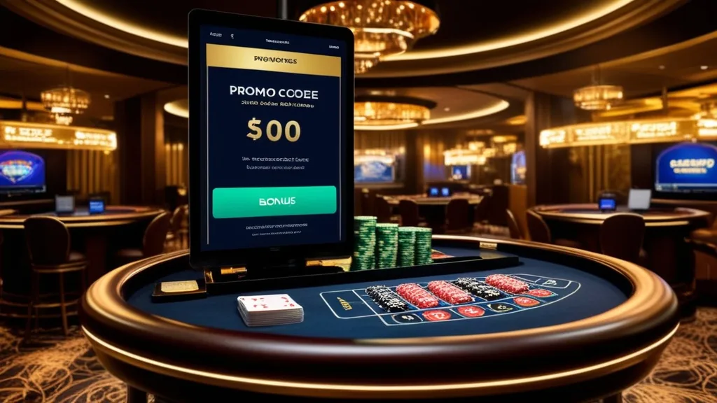 Dark casino lobby with bonus banners and a promo code screen