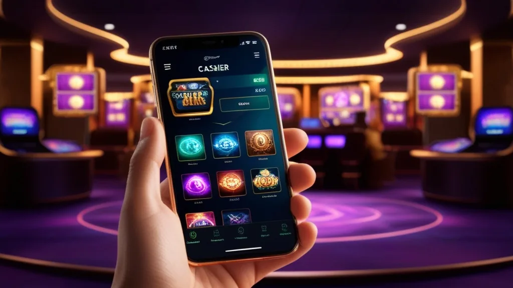 Smartphone showing a mobile casino app lobby with glowing game tiles and cashier access