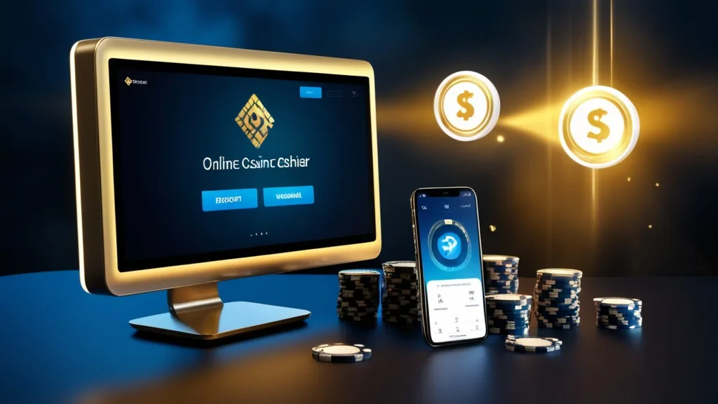 Casino cashier screen with payment icons and chips in a dark blue and gold setting