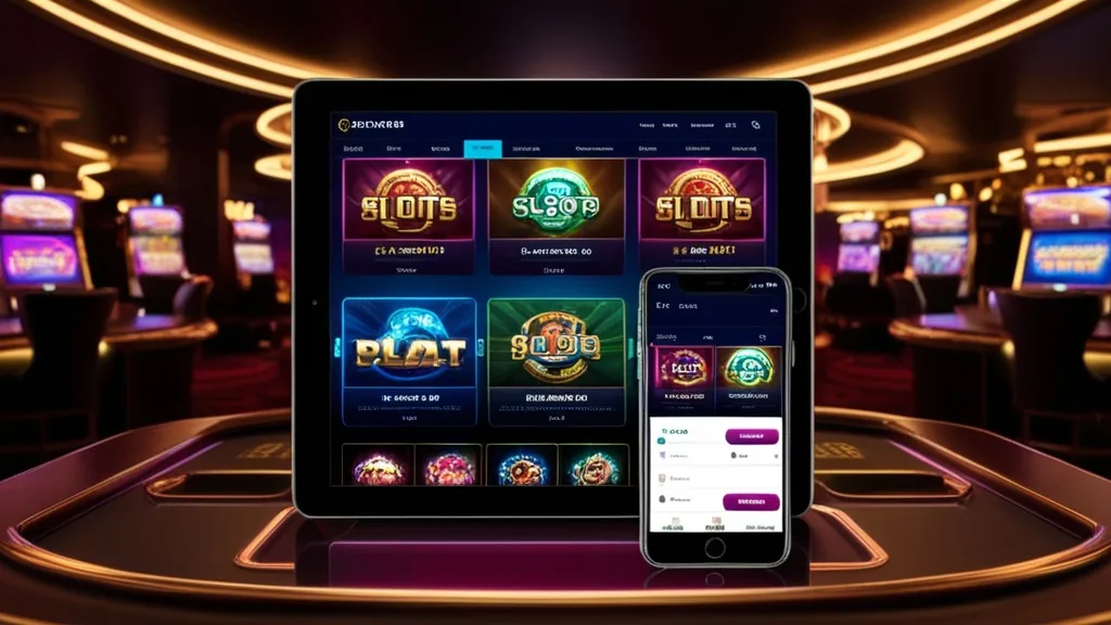 Phone and tablet showing a mobile casino interface in a dark neon setting