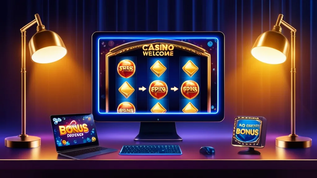 Welcome bonus screen beside a no deposit bonus card in a dark casino