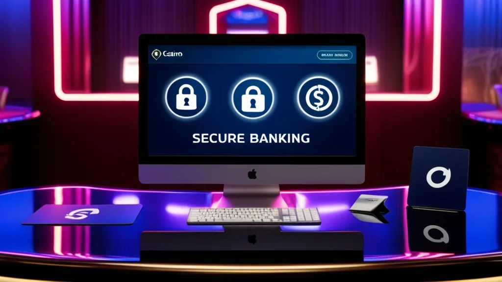 Support desk with banking and eWallet icons in a dark casino environment