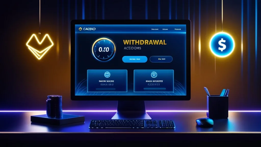 Withdrawal status screen with clock and payment icons in a neon casino setting